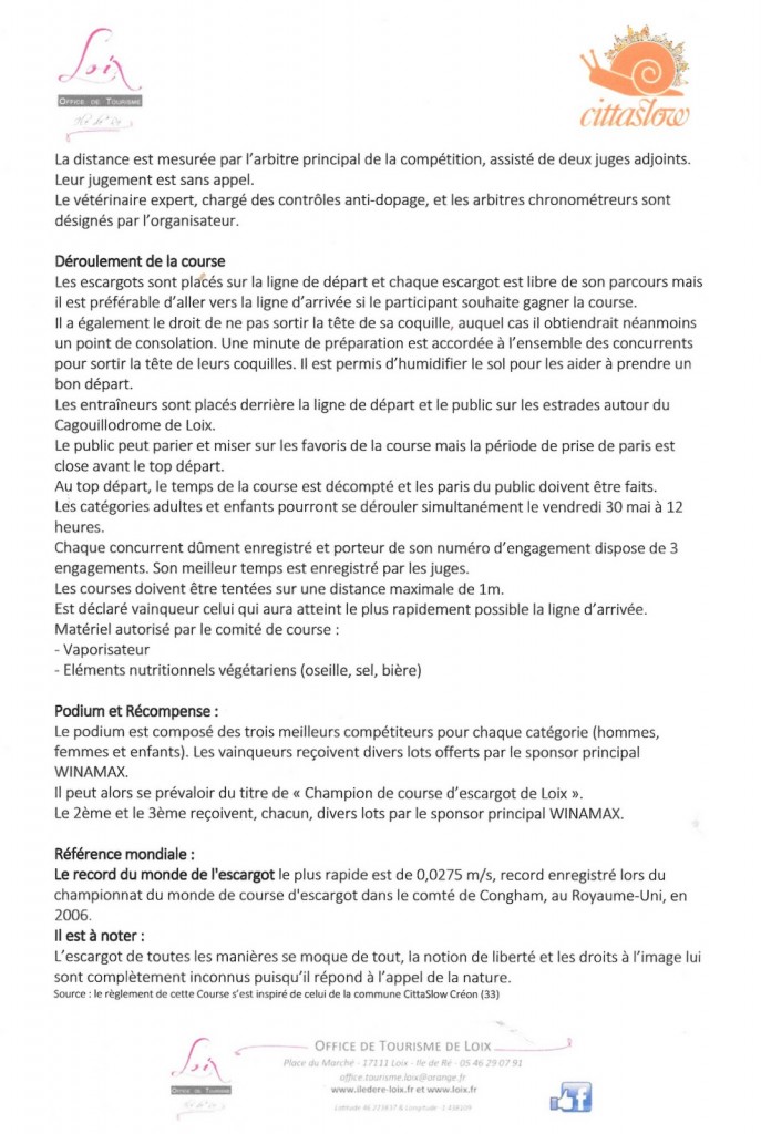 Course d'escargots - Règlement officiel