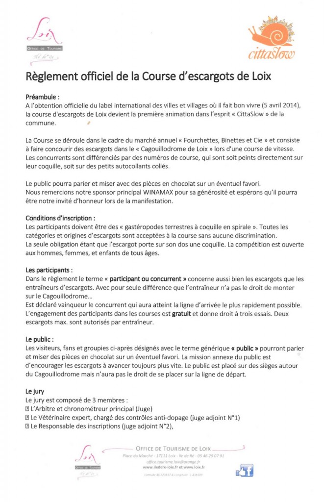 Course d'escargots - Règlement officiel