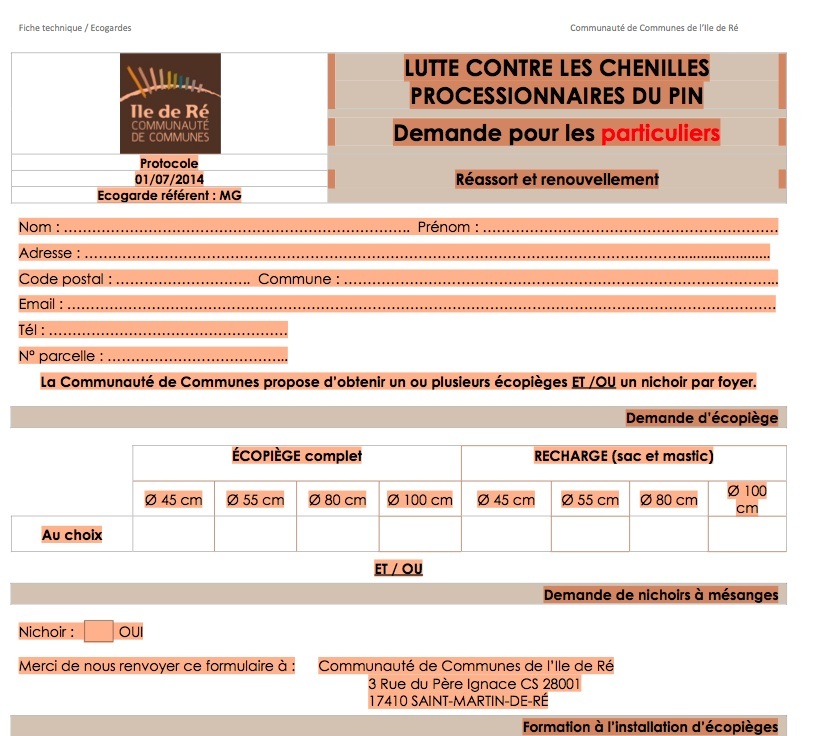 Formulaire de demande d'écolières et de nichoir à mésanges